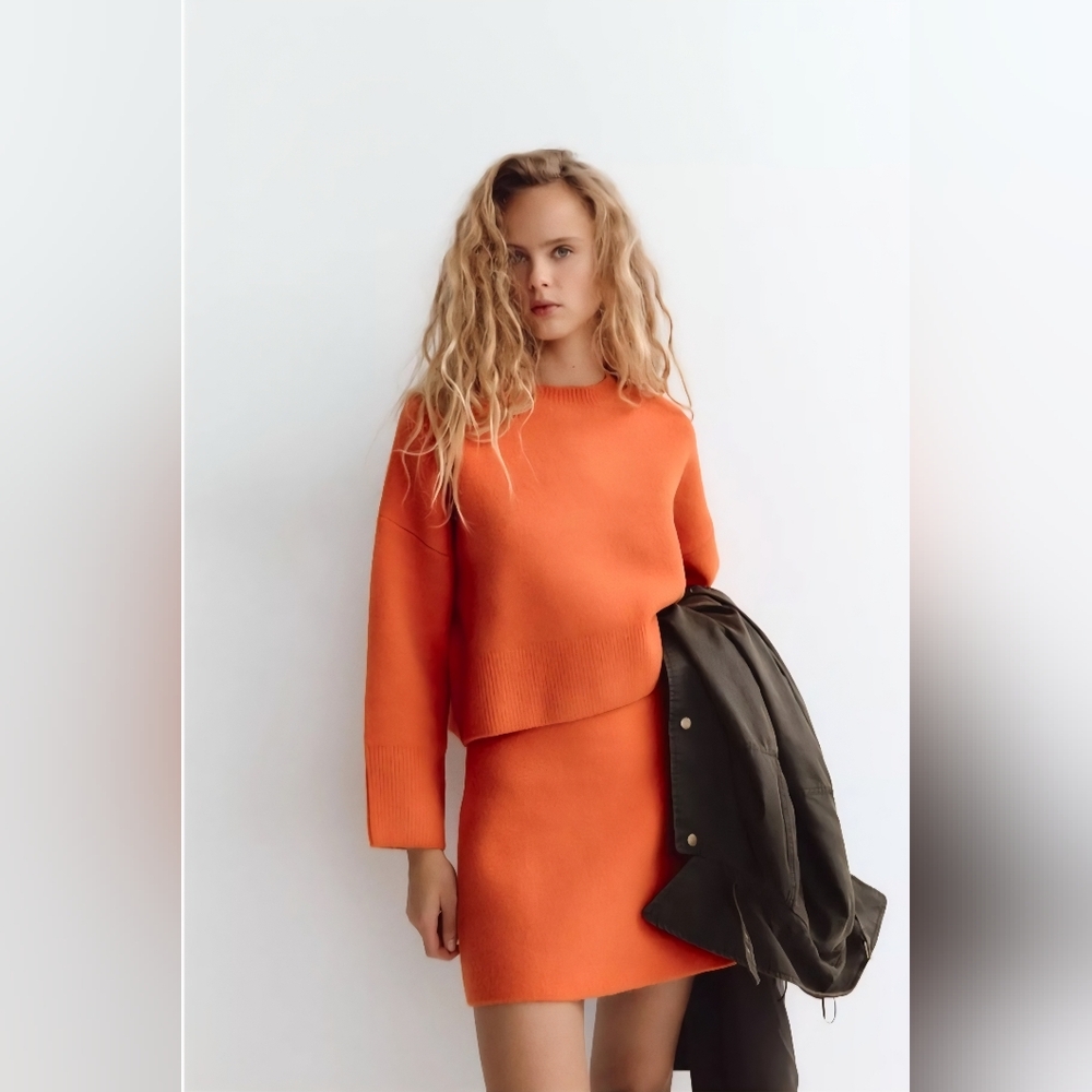 Zara Orange Knit Cozy Skirt Set Medium NWT